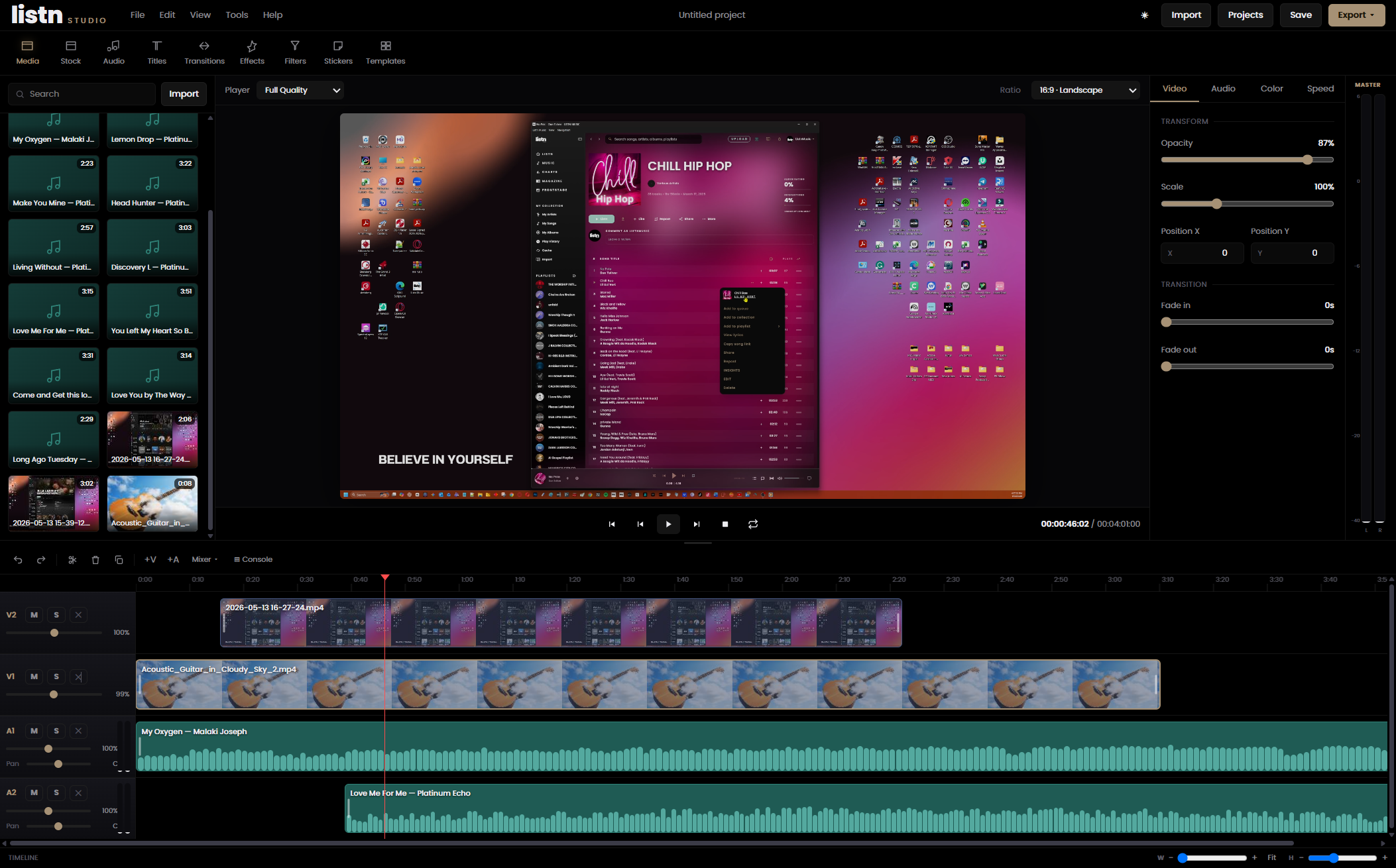 Grading a clip in Listn Studio with looks and color controls.