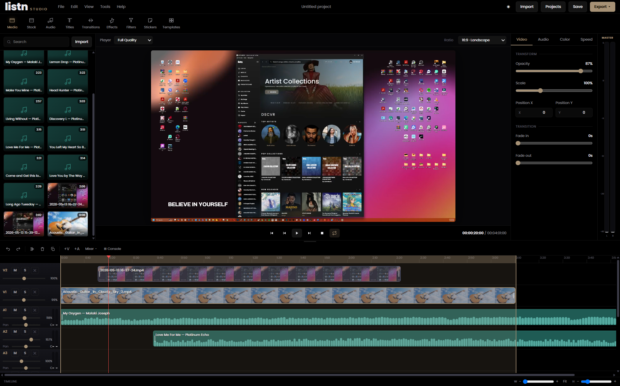 The Listn Studio editor: a multi-track timeline with video and claim-free catalog audio.